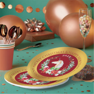 Christmas unicorn & poinsettia composition paper plate
