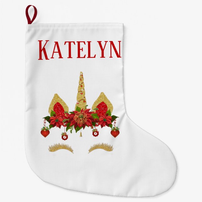 Christmas Unicorn Poinsettia Red Gold Personalised Large Christmas Stocking (Front)