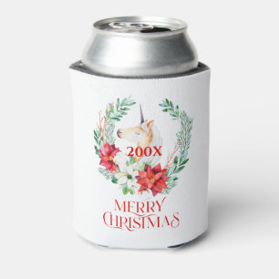 Christmas unicorn, poinsettia wreath can cooler