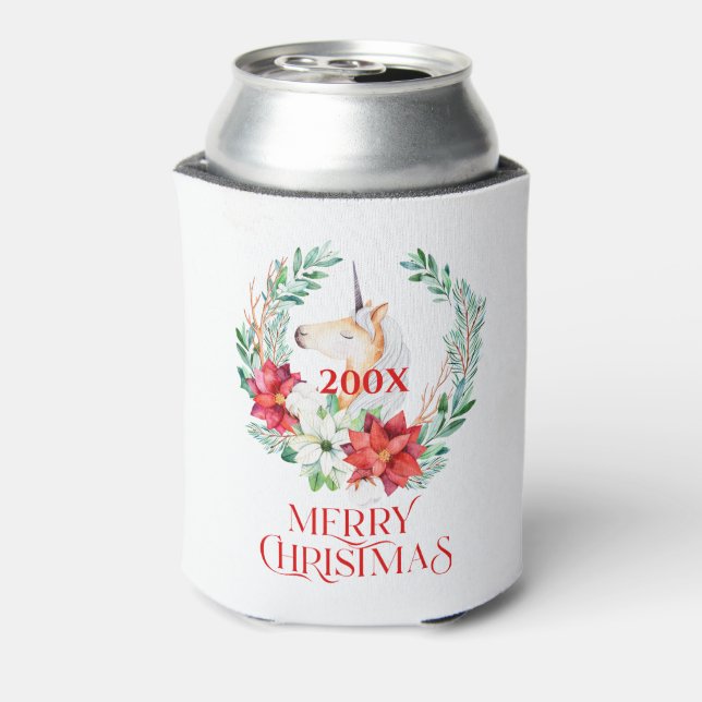 Christmas unicorn, poinsettia wreath can cooler (Can Back)