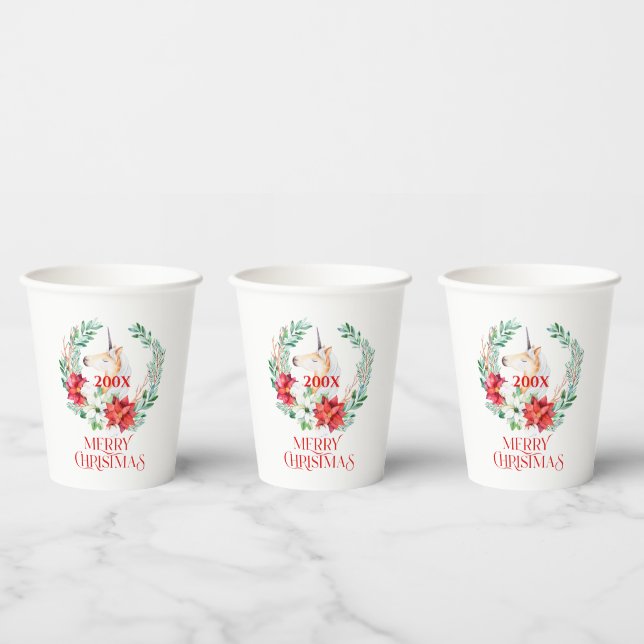 Christmas unicorn, poinsettia wreath paper cups (Multi)