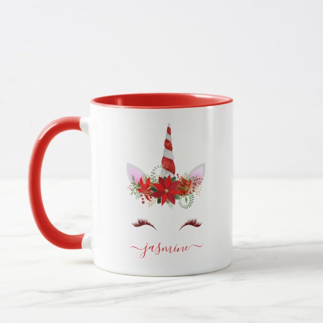 Christmas Unicorn Red Floral Gold Lashes Name Mug (Left)