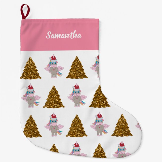 Christmas Unicorn Santa Hat Gold Glitter Xmas Tree Large Christmas Stocking (Front)