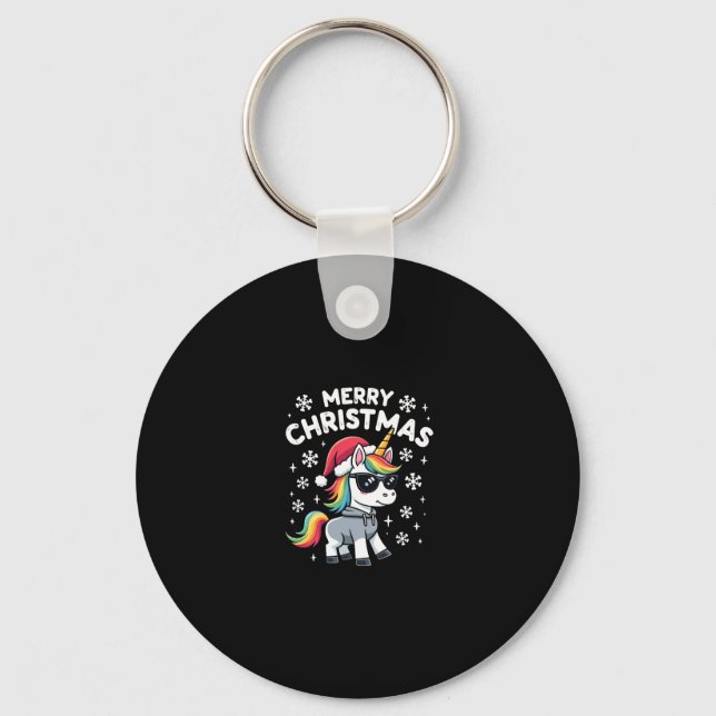 Christmas Unicorn Santa Hat T-Shirt (1) Key Ring (Front)