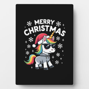Christmas Unicorn Santa Hat T-Shirt (1) Plaque