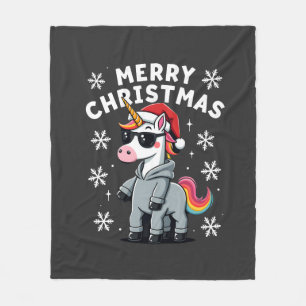 Christmas Unicorn Santa Hat T-Shirt (2) Fleece Blanket