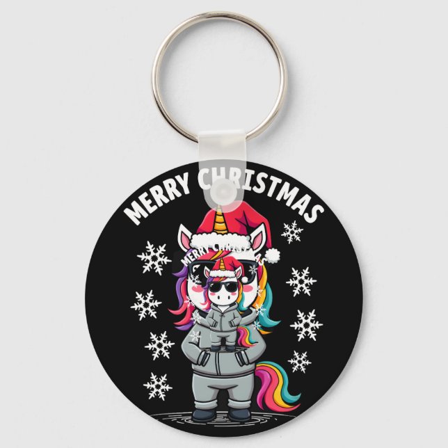 Christmas Unicorn Santa Hat T-Shirt (3) Key Ring (Front)