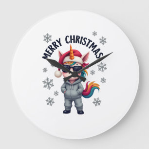 Christmas Unicorn Santa Hat T-Shirt (3) Large Clock