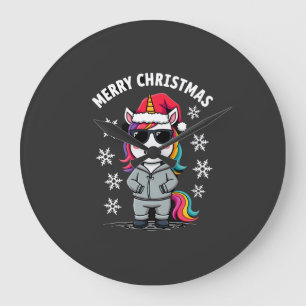 Christmas Unicorn Santa Hat T-Shirt (3) Large Clock