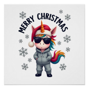 Christmas Unicorn Santa Hat T-Shirt (3) Poster