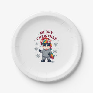 Christmas Unicorn Santa Hat T-Shirt Paper Plate