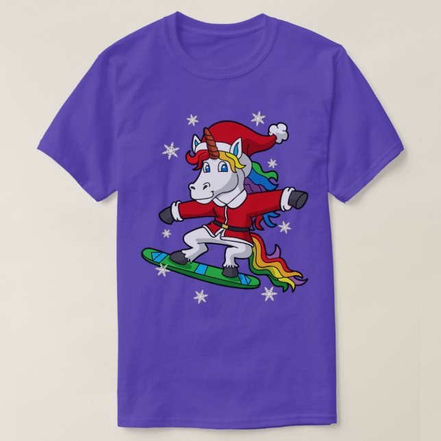 Christmas Unicorn Santa Snowboarding T-Shirt (Design Front)
