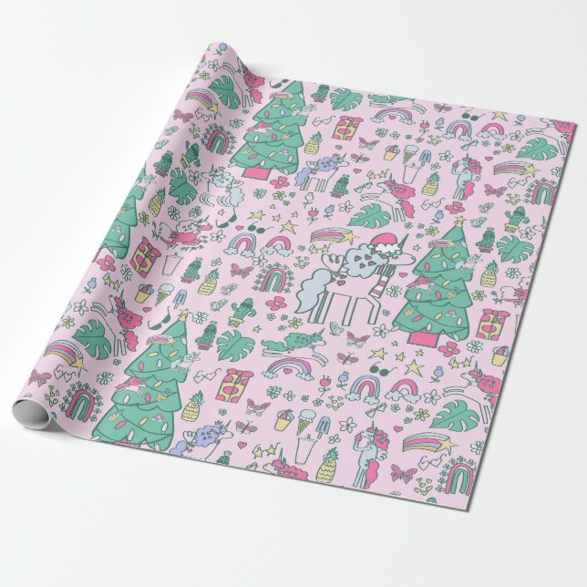 christmas unicorn santa whimsical cactus monstera  wrapping paper (Unrolled)