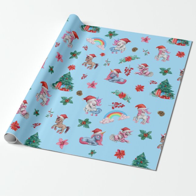 Christmas Unicorn Santa Wrapping Paper Kids Girls (Unrolled)