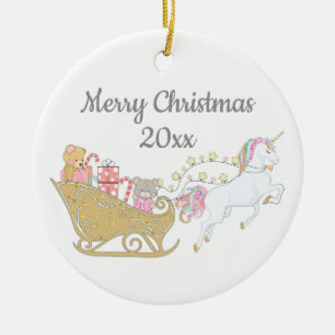 Christmas Unicorn Santa's Sleigh White Ceramic Tree Decoration