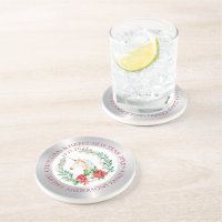 Christmas unicorn silver and white border coaster