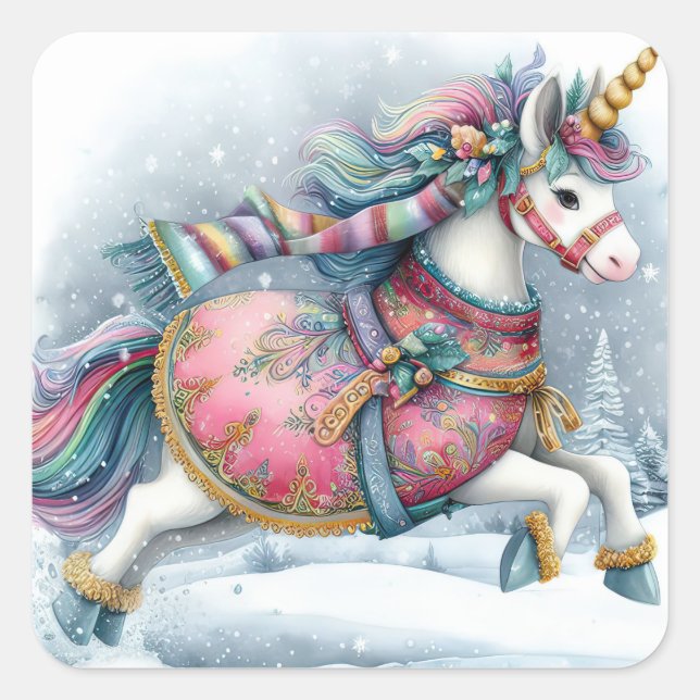 Christmas unicorn square sticker (Front)
