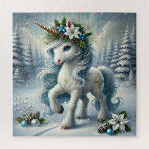 Christmas unicorn with gold horn white poinsettia jigsaw puzzle