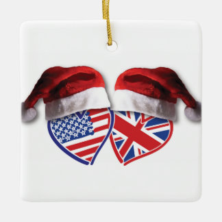Christmas USA and UK Flag Heart Santa Hats Ceramic Ornament