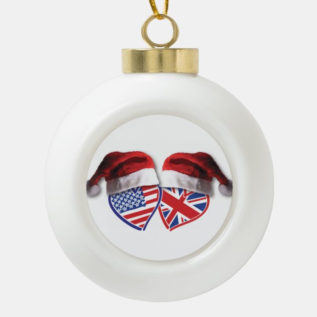 Christmas USA and UK Flag Hearts and Santa Hats Ceramic Ball Christmas Ornament (Front)