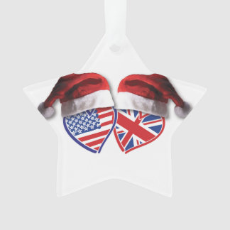 Christmas USA and UK flag Hearts and Santa Hats Ornament