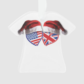 Christmas USA and UK Flag Hearts and Santa Hats Ornament