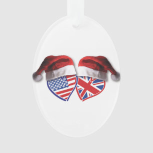 Christmas USA and UK Flag Hearts and Santa Hats Ornament