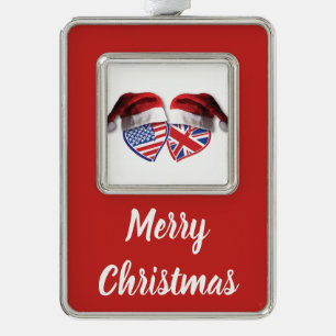 Christmas USA and UK Flag Hearts and Santa Hats Silver Plated Framed Ornament