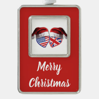 Christmas USA and UK Flag Hearts and Santa Hats Silver Plated Framed Ornament