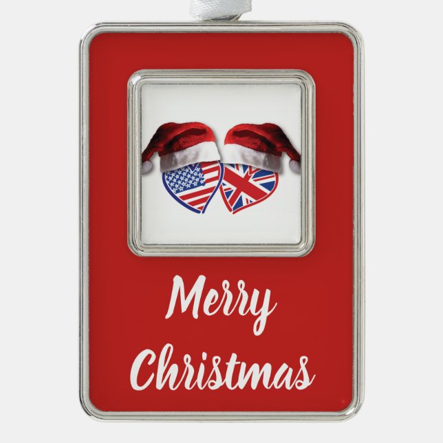 Christmas USA and UK Flag Hearts and Santa Hats Silver Plated Framed Ornament (Front)