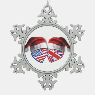 Christmas USA and UK Flag Hearts in Santa Claus Snowflake Pewter Christmas Ornament