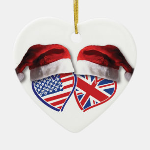 Christmas USA and UK Flag Hearts with Santa Hats Ceramic Tree Decoration