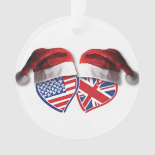 Christmas USA and UK Flag Hearts with Santa Hats Ornament