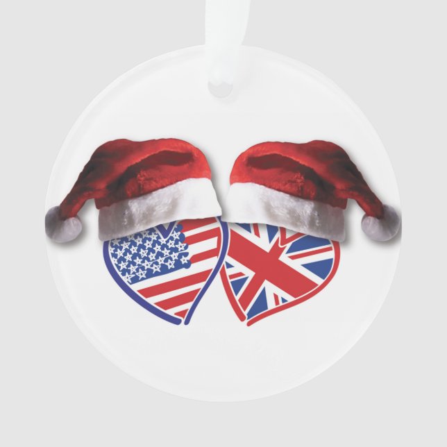Christmas USA and UK Flag Hearts with Santa Hats Ornament (Front)
