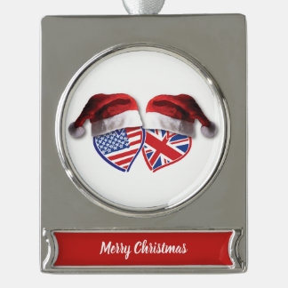 Christmas USA and UK Heart Flags and Santa Hats Silver Plated Banner Ornament
