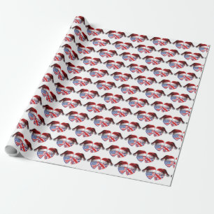 Christmas USA and UK heart Flags wearing Santa Hat Wrapping Paper
