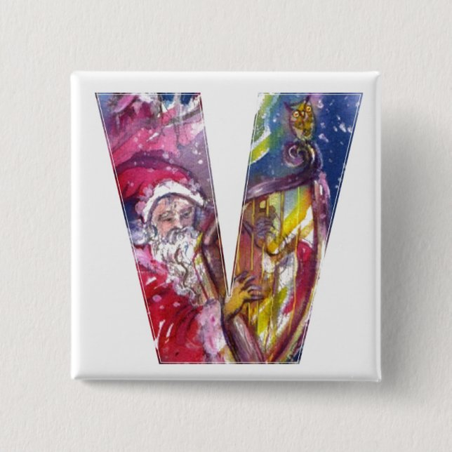 CHRISTMAS V LETTER  / SANTA  PLAYING HARP 15 CM SQUARE BADGE (Front)
