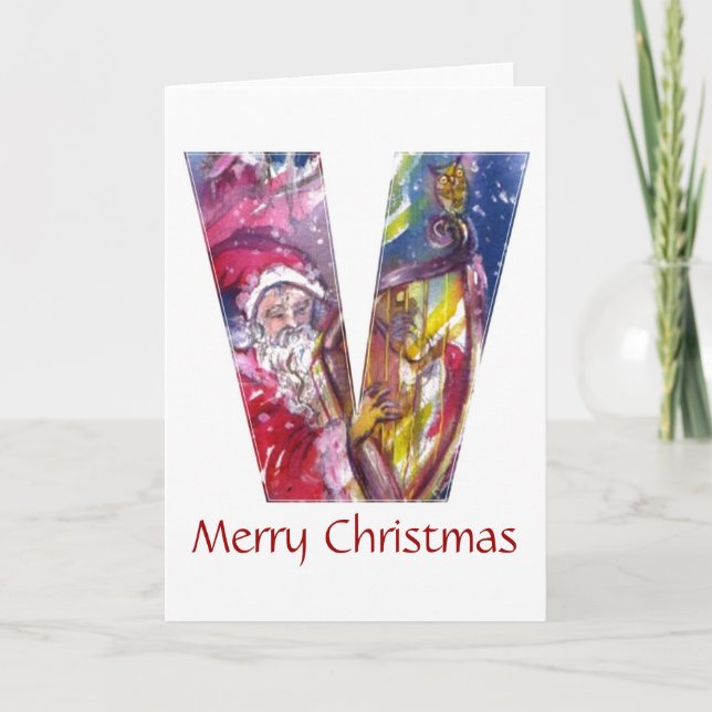 CHRISTMAS V LETTER  / SANTA PLAYING HARP HOLIDAY CARD (Front)