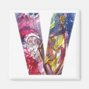 CHRISTMAS V LETTER  / SANTA  PLAYING HARP MAGNET