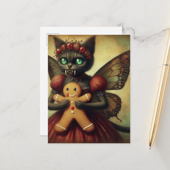 Christmas Vampire Fairy Kitty With Gingerbread Postcard (Front/Back In Situ)