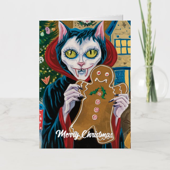 Christmas Vampire Kitty With Gingerbread Man  Foil Greeting Card (Front)