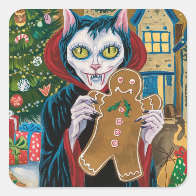 Christmas Vampire Kitty With Gingerbread Man  Square Sticker (Front)