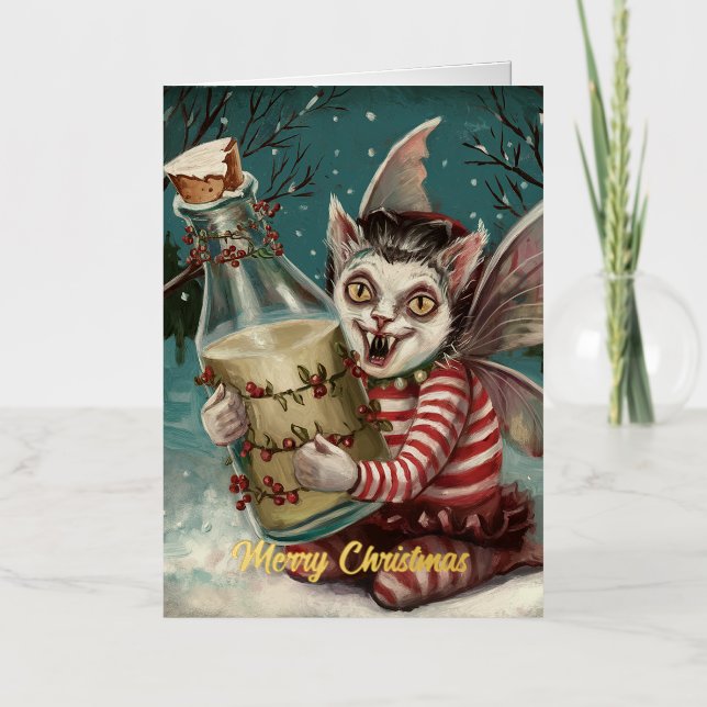 Christmas Vampire Kitty With Milk Bottle  Foil Greeting Card (Front)