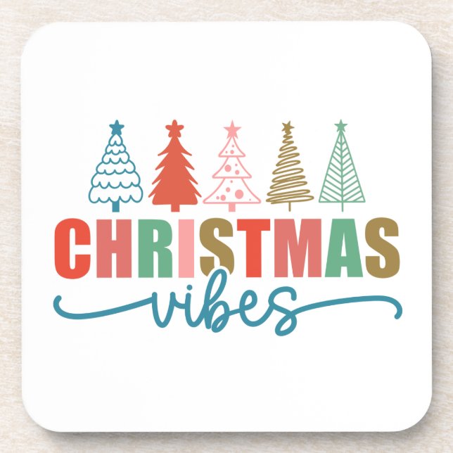 Christmas Vibes - Colourful Holiday Trees Design Coaster (Front)