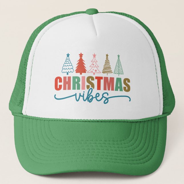Christmas Vibes - Colourful Holiday Trees Design Trucker Hat (Front)