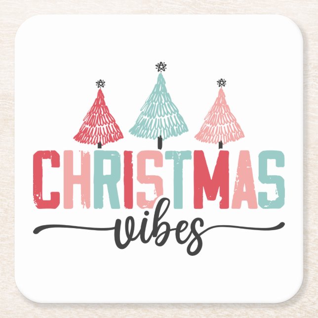 Christmas Vibes - Festive Tree Design Square Paper Coaster (Front)