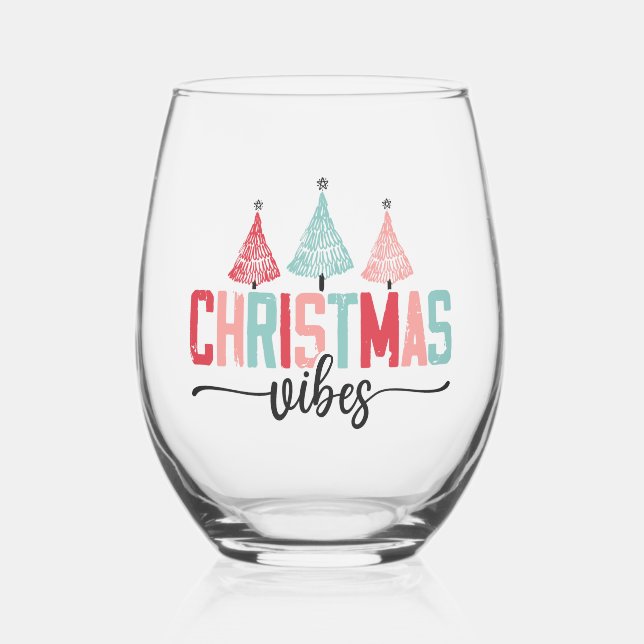 Christmas Vibes - Festive Tree Design Stemless Wine Glass (Front)