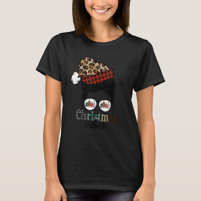 Christmas Vibes Messy Bun Plaid Leopard Xmas Tree  T-Shirt (Front)