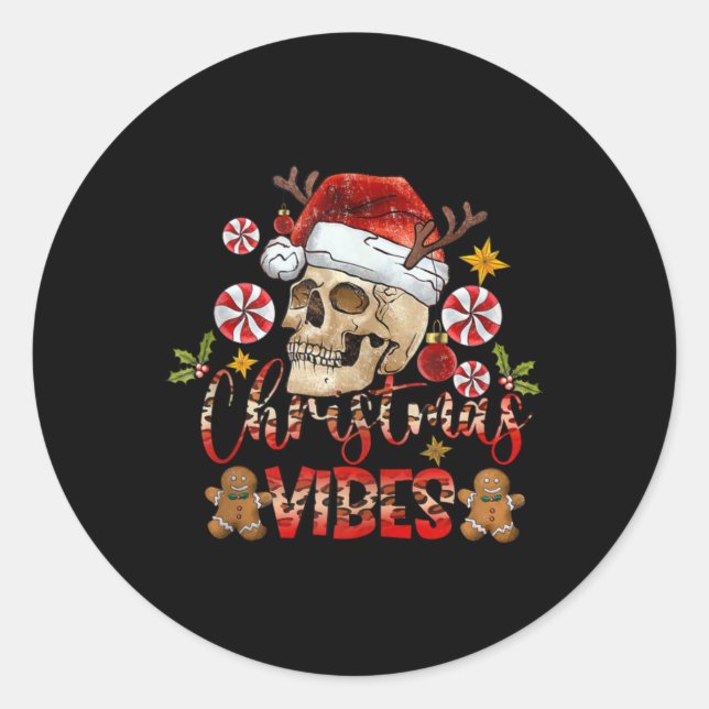 Christmas Vibes Skull Santa Hat Christmas Skeleton Classic Round Sticker (Front)