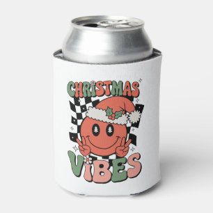 Christmas Vibes Smile Face Santa Hat Xmas Groovy Can Cooler